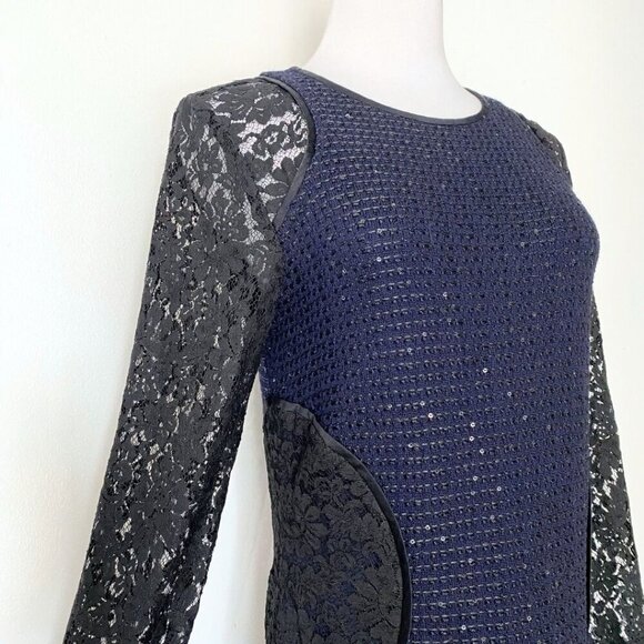 ST JOHN COUTURE NAVY KNIT BLACK SEQUIN AND LACE COMBO SHEATH DRESS - 6 - Picture 4 of 10